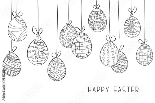 Happy easter vector background with hand drawn hanging ornamental eggs. Holiday greeting card,brochure,banner,cover