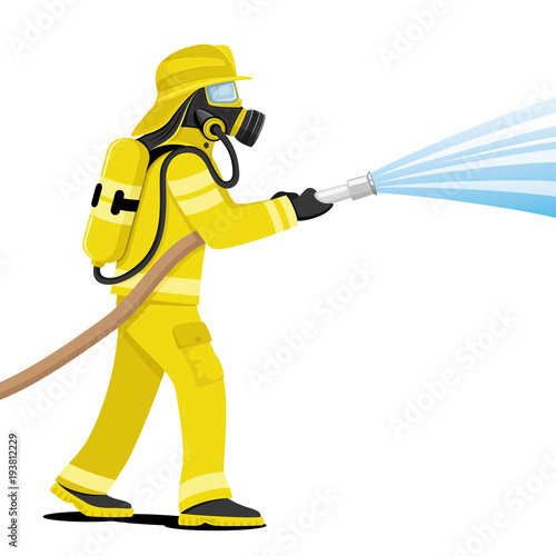 Fireman in a gas mask extinguishes a fire.