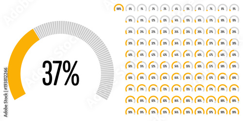 Set of circular sector percentage diagrams from 0 to 100 ready-to-use for web design, user interface (UI) or infographic - indicator with yellow