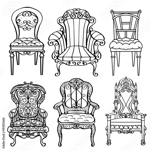 Furniture hand drawn set, vintage chair, armchair, throne