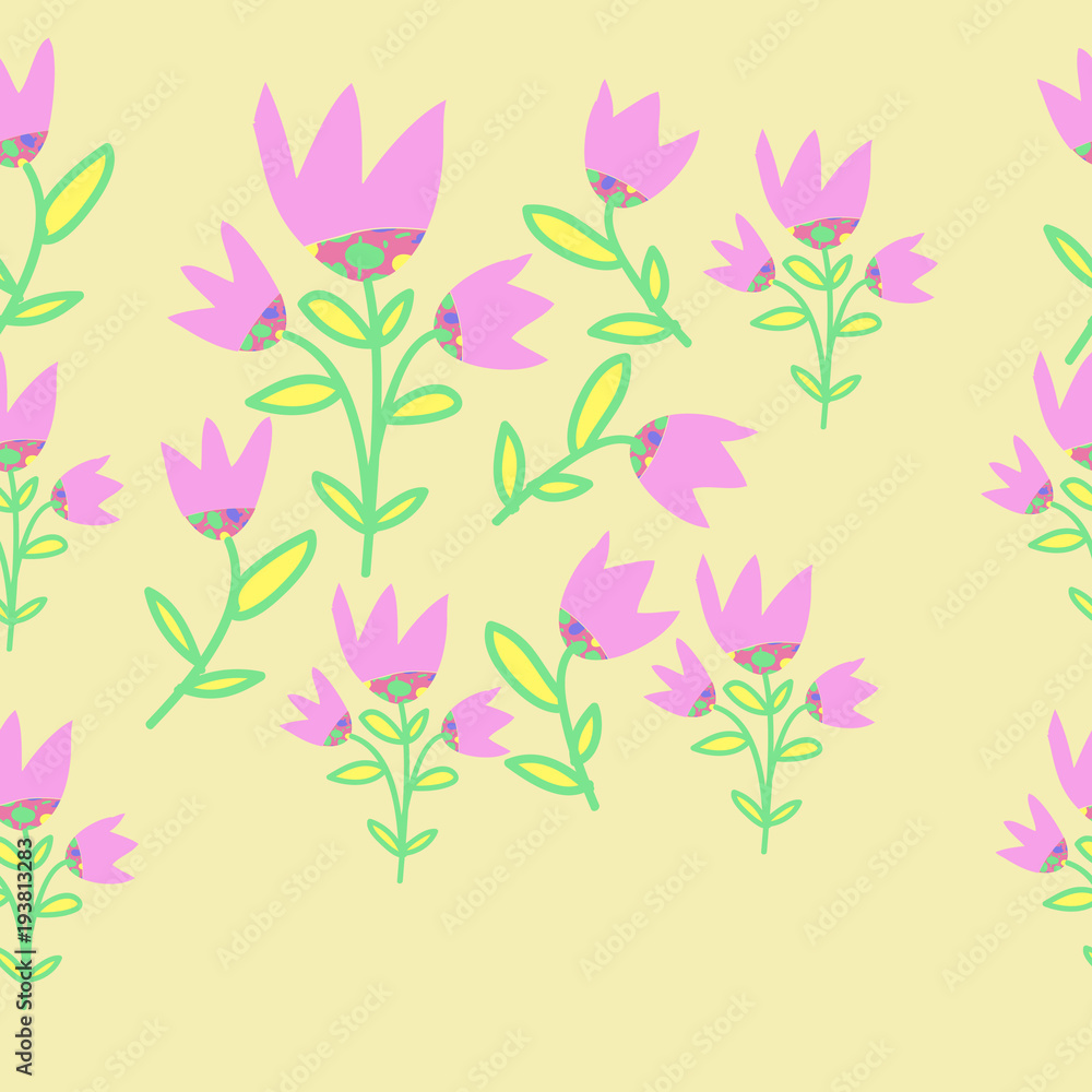 Bells  horizontal seamless pattern, branches, leaves, spots . Hand drawn.