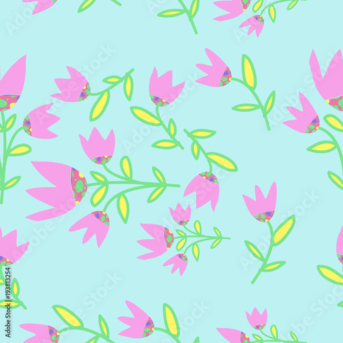 Bells seamless pattern, branches, leaves, spots . Hand drawn.