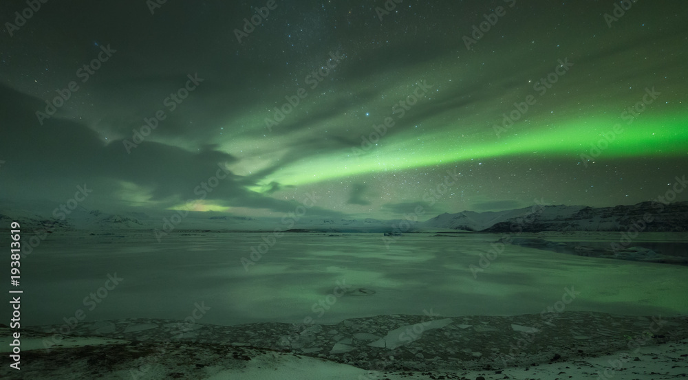 Aurora borealis over Jokulsarlon lagoon in Iceland