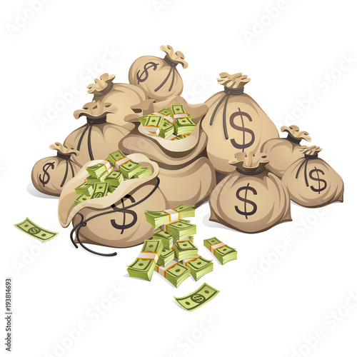Bags of money. Packing in bundles of bank notes. Isolated on white background.