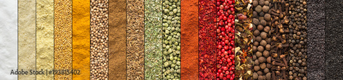 collage of spices and herbs, set  colorful seasoning, background