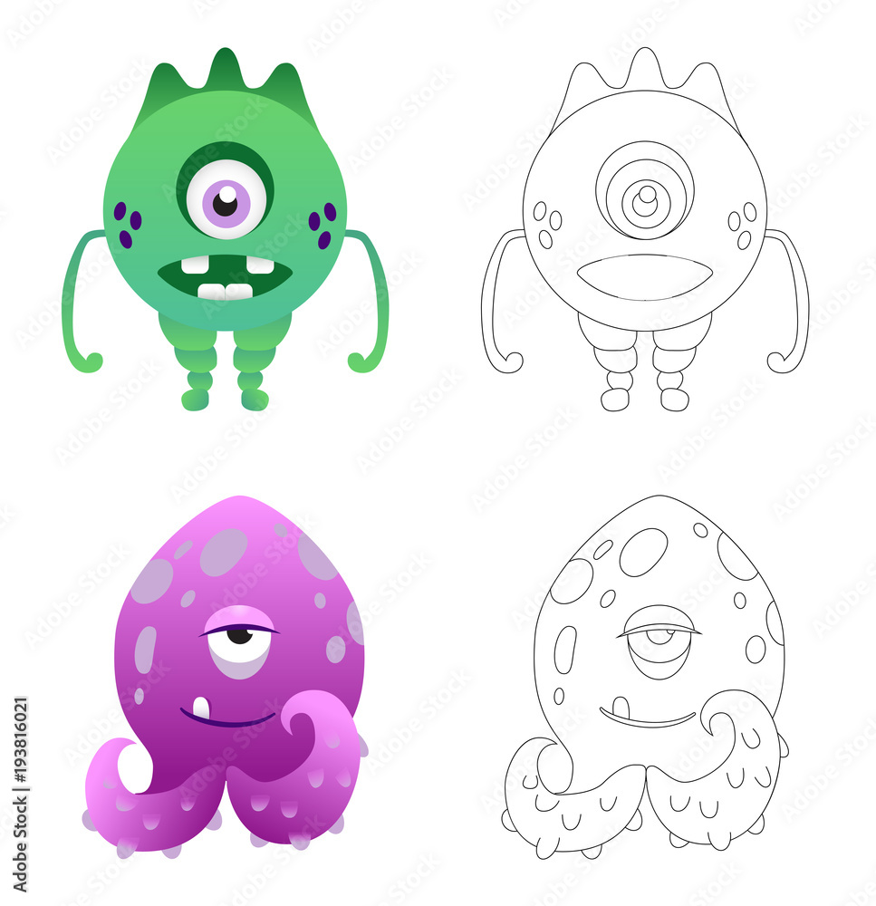 Childrens coloring page with funny cartoon monsters