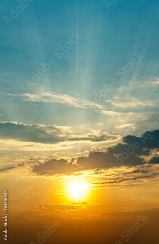 Bbeautiful nature background of the sunrise witih strong silver lining and cloud on the sky at morning photo