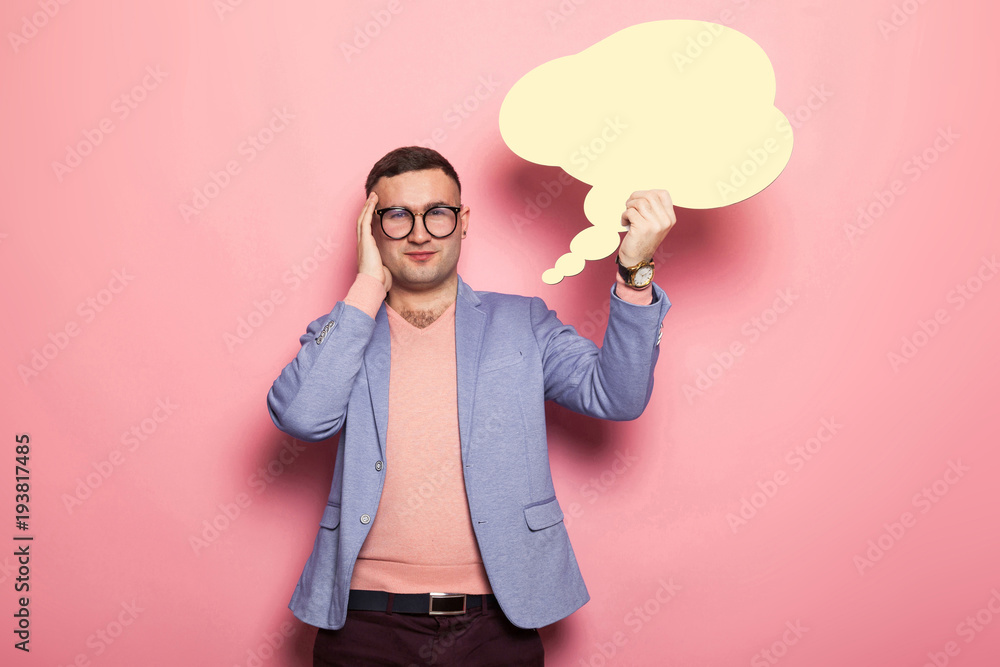 Handsome man in bright jacket with speech bubble Handsome man in bright jacket with speech bubble