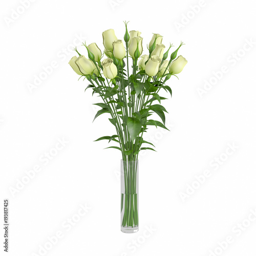 Bouquet of blossoming white roses in transparent glass vase isolated on white background. 3D Rendering  Illustration.