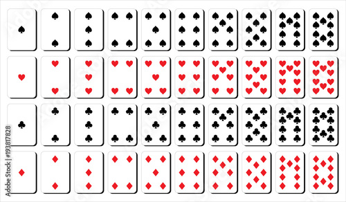 cards for play from one to ten. Spades  diamond  heart and clubs shape in red and black color.
