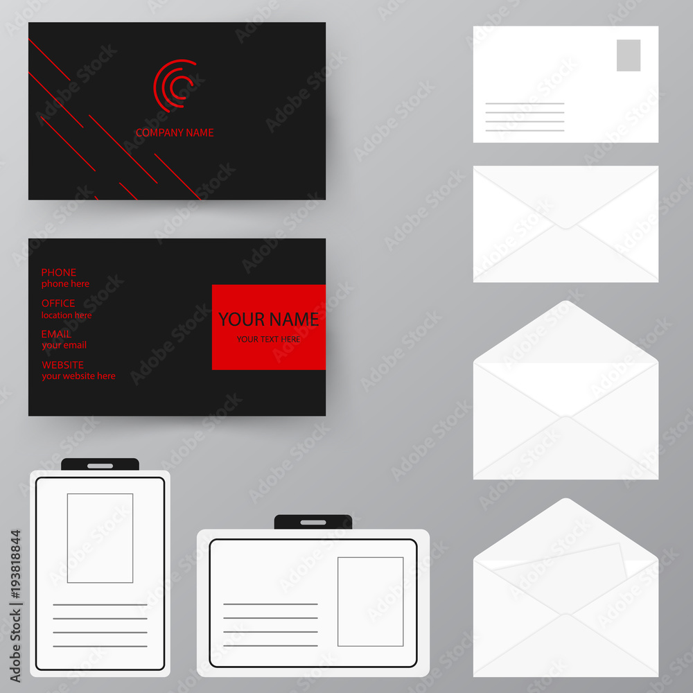 Set of business card with envelope and badge. Personal style collection. Vector illustration design for business and personal use. Modern presentation with company logo. Set of business card with envelope and badge. Personal style collection. Vector illustration design for business and personal use. Modern presentation with company logo.