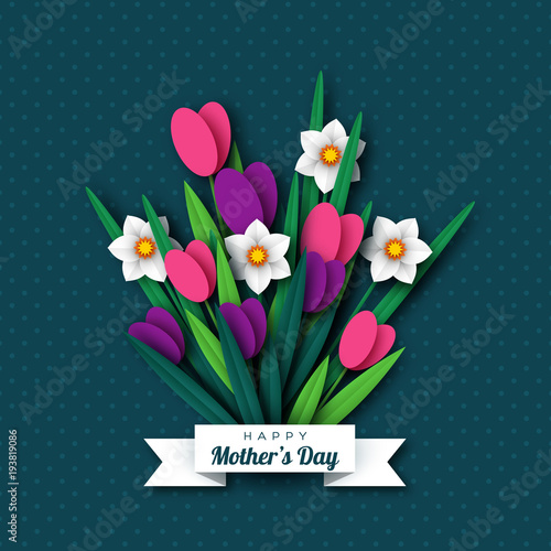 Happy Mother's day greeting card. Paper cut flowers tulips and narcissus, holiday background. Vector illustration.