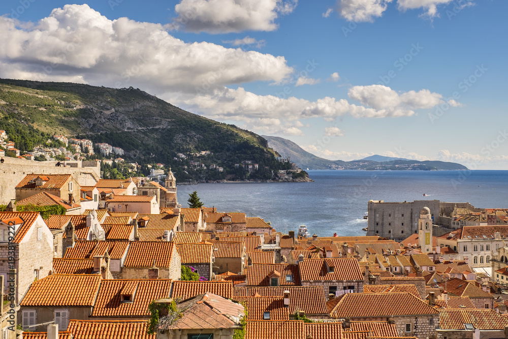 Dubrovnik old city and old town pier view. Red roofs. Croatia 