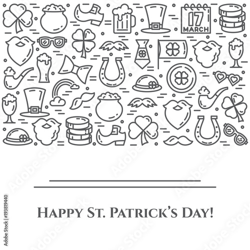 St. Patrick s Day theme black and white banner. Pictograms of shamrock  leprechaun hat  gold and other holiday related pictograms. Line out. Simple silhouette. Editable stroke. Vector illustration