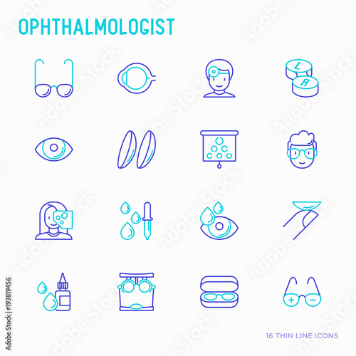 Ophthalmologist thin line icons set: glasses, eyeball, vision exam, lenses, eyedropper, spectacle case. Modern vector illustration.