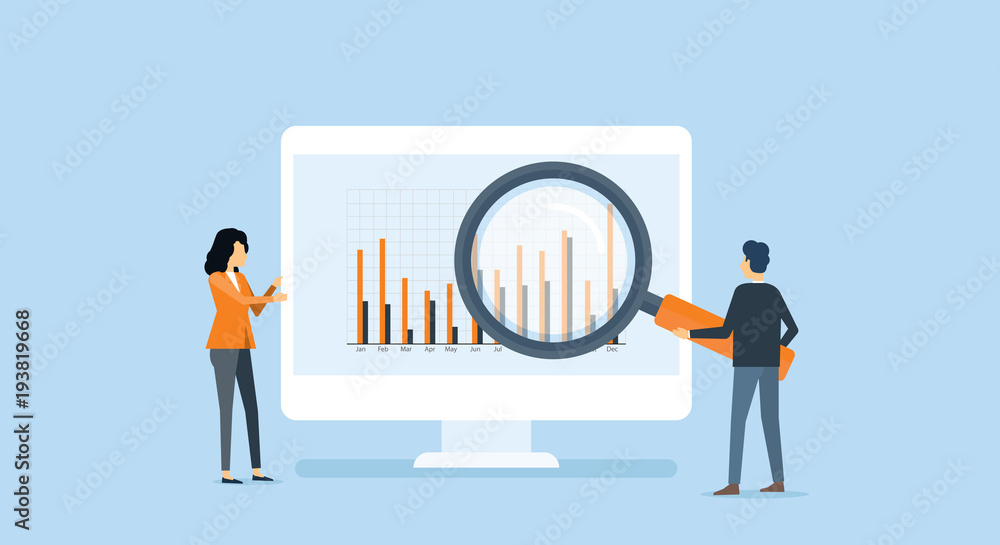 flat business people analytics and  monitoring  investment and finance report graph on monitor concept - obrazy, fototapety, plakaty 