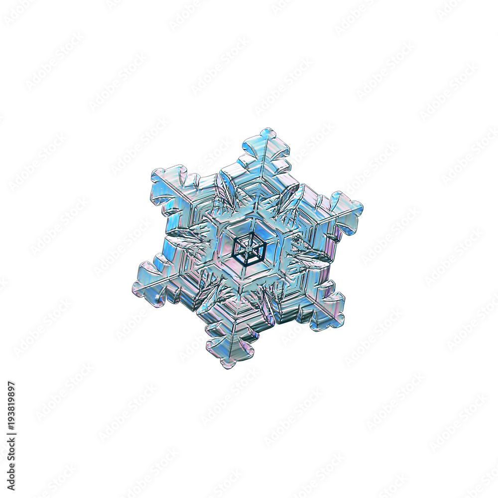 Snowflake isolated on white background. Macro photo of real snow crystal: beautiful star plate with fine hexagonal symmetry, large and flat center and short, glossy arms. Snowflake isolated on white background. Macro photo of real snow crystal: beautiful star plate with fine hexagonal symmetry, large and flat center and short, glossy arms.