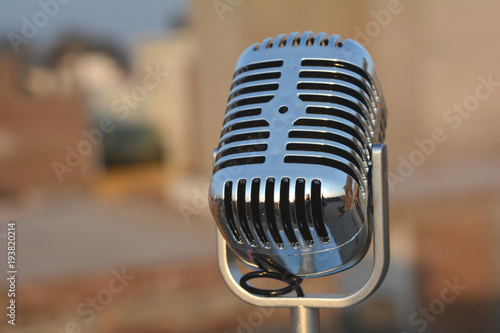 Vintage metal microphone closeup view