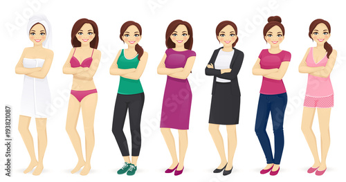 Woman day in different clothes vector illustration set
