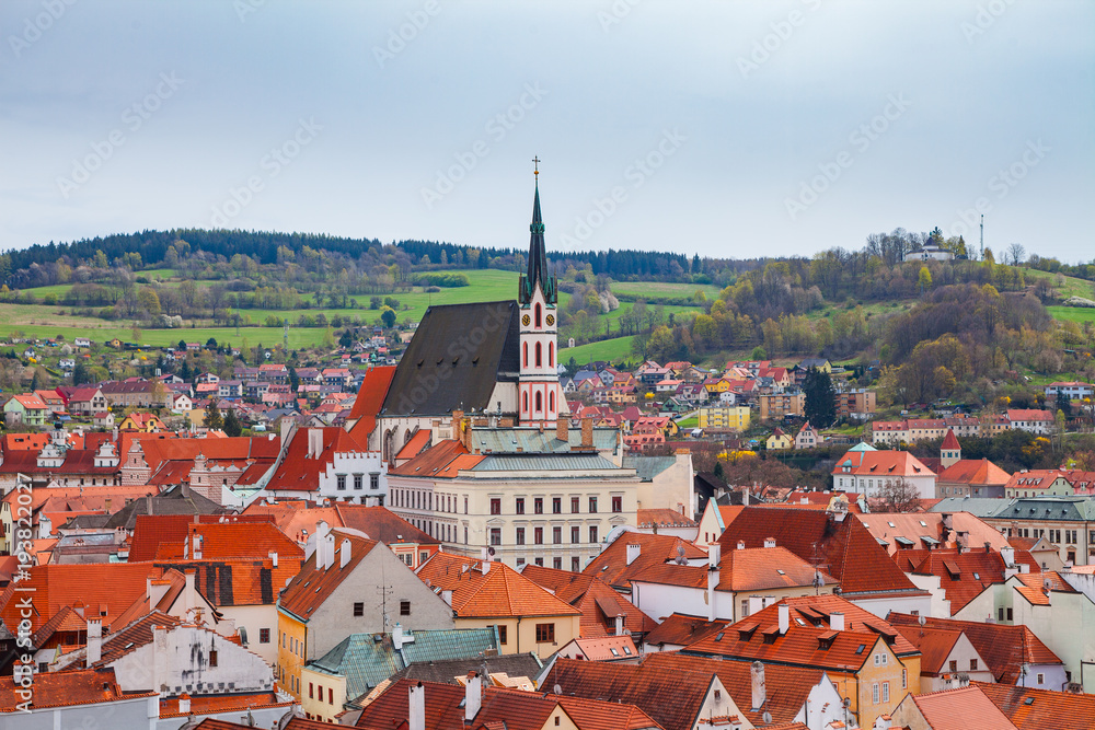 Aerial view of old town of Cesky Krumlov, Czech republic. Bright spring time.