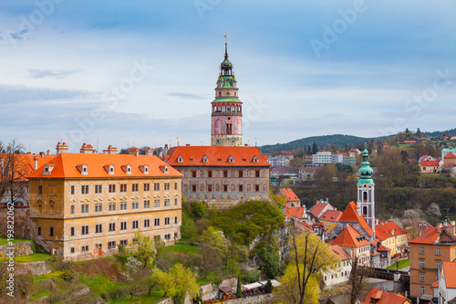 Aerial view of old town and the castle of Cesky Krumlov, Czech republic. Bright spring time.