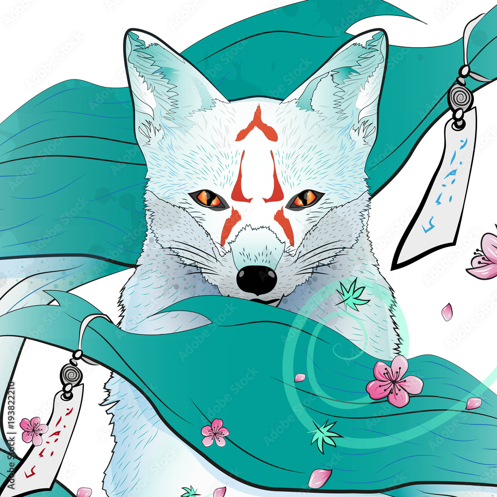 Beautiful close up of a traditional Japanese fox spirit vector illustration  Stock Vector | Adobe Stock