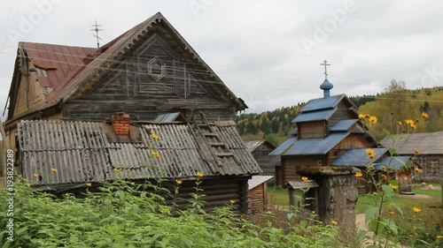 Russian orthodoxy church complex with wooden churche 19th century photo