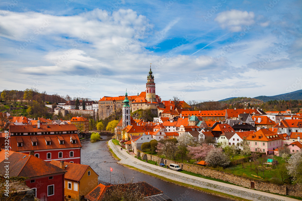 Obraz premium Aerial view of old town of Cesky Krumlov witth the castle tower, Czech republic. Bright spring time.