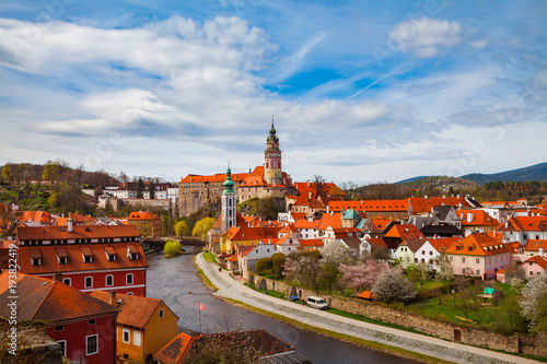 Aerial view of old town of Cesky Krumlov witth the castle tower, Czech republic. Bright spring time.