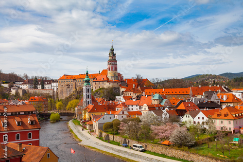 Cesky Krumlov. Cityscape with Castle Tower, sunny spring day. Czech republic.