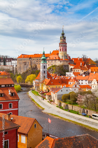 Aerial view of castle and old houses in Cesky Krumlov, Czech republic