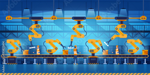 Efficient smart factory with workers, robots and assembly line, industry 4.0 and technology concept