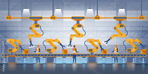 Smart factory. Industry 4.0 and technology concept. Production conveyor belt with factory operational people in uniform. Vector illustration
