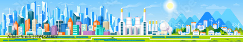 Cityscape panorama with different buildings, Office center, Stores and Headquarters, Private houses, Cottage with parks and mountains. Industrial factory