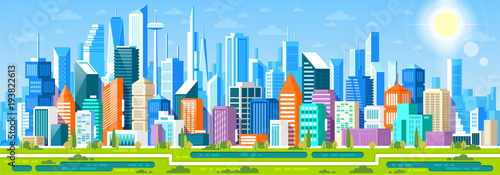 Cityscape panorama with different buildings, Office center, Stores and Headquarters