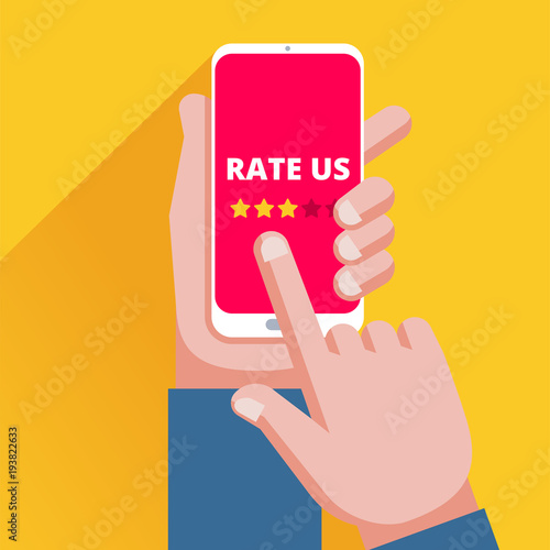 Hand holding and pointing smartphone with five star rating on screen