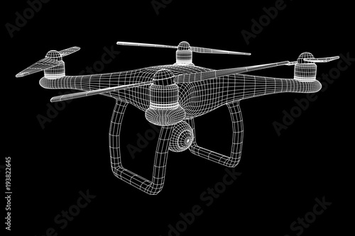 Remote control air drone. Dron flying with action video camera. Wireframe low poly mesh vector illustration