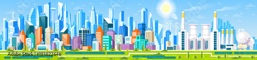 Cityscape panorama with different buildings, Office center, Stores and Headquarters. Industrial factory Manufacturing building