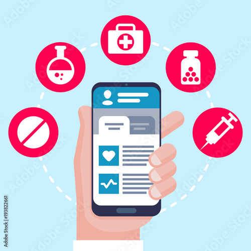 Mobile medicine, mhealth, online doctor. Hand holding smartphone with medical app