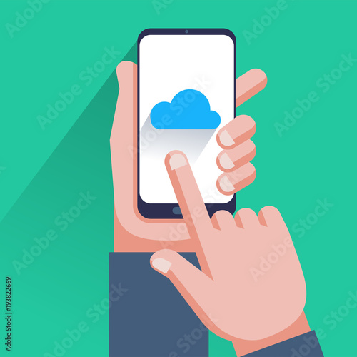 Cloud icon on smartphone screen. Hand holding smartphone, finger touching screen