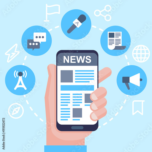 Reading news on mobile phone. Hand holding smartphone with newspaper, news website.