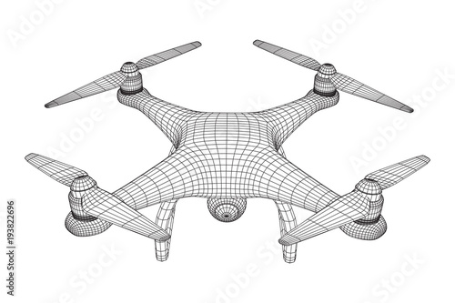 Remote control air drone. Dron flying with action video camera. Wireframe low poly mesh vector illustration
