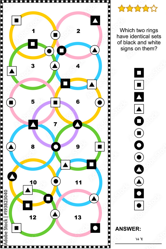 IQ training abstract visual puzzle (suitable both for kids and adults): Which two rings have identical sets of black and white signs on them? Answer included.
IQ training abstract visual puzzle (suitable both for kids and adults): Which two rings have identical sets of black and white signs on them? Answer included.