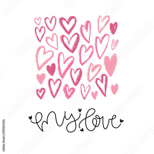 My Love - holidays greeting card. Vector for invitation, flyer or template. Pink Hearts background. 8 march or valentines day concept.