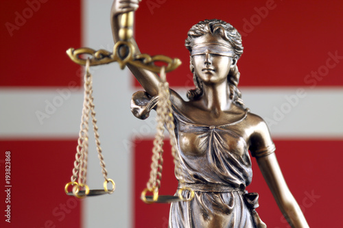 Symbol of law and justice with Denmark Flag. Close up.