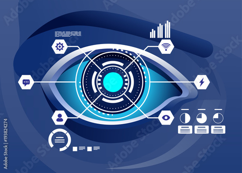 Augmented reality and future Biotech technology concept. Futuristic hologram over eye looking at virtual graphics.