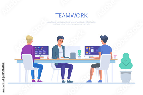 Team work in office. Creative team idea discussion people. Business characters in the working environment.