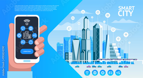 Smart city. Urban landscape with buildings, skyscrapers and transport traffic. Hand holding smart phone and cityscape 