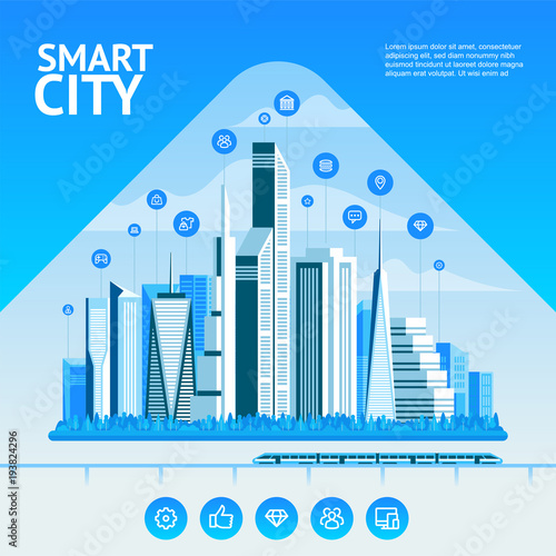 Smart city. Urban landscape with infographic elements. Modern city. Concept website template. Vector illustration.