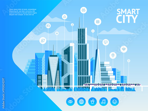 Smart city. Urban landscape with infographic elements. Modern city. Concept website template. Vector illustration.